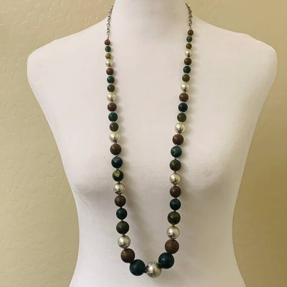 Long Beaded Necklace Green Brown Silver Adjustable Chain Single Strand - Picture 1 of 5